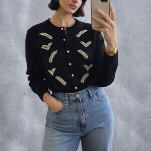 Vintage 90s Charter Club Princess Diana Wool Angora Blend Faux Pearl Cardigan